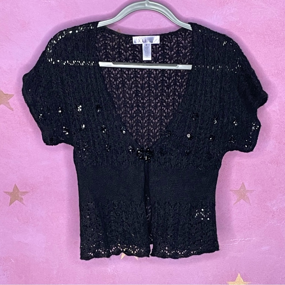 Nine & Co By Nine West Black Knit Beaded Sequin Cardigan Sweater Size Small.